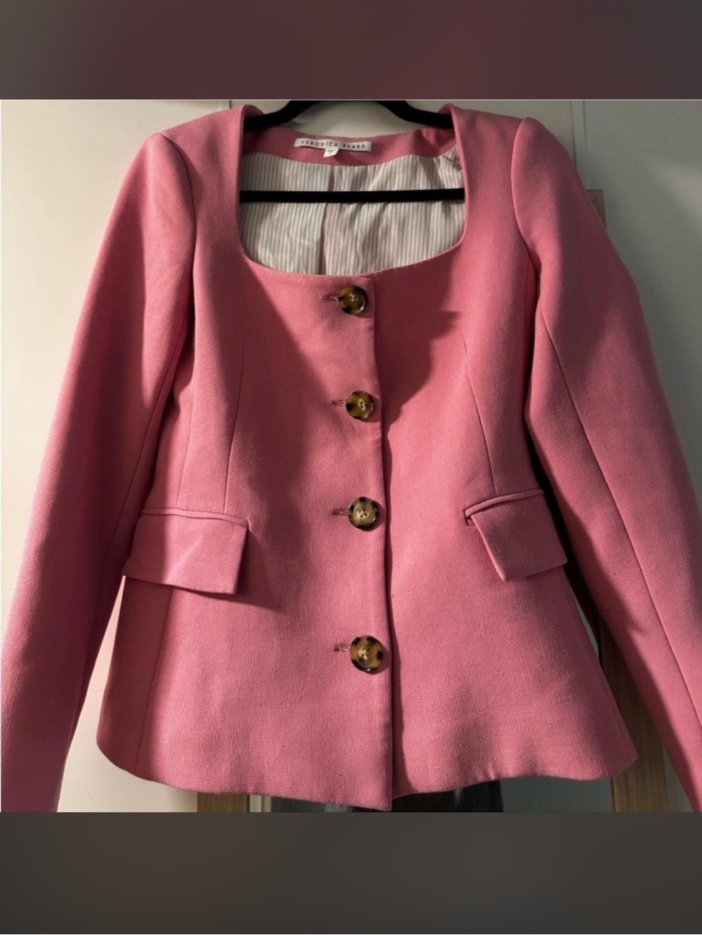 Veronica Beard Rose Pink Square-Neck Blazer with Tortoiseshell Buttons